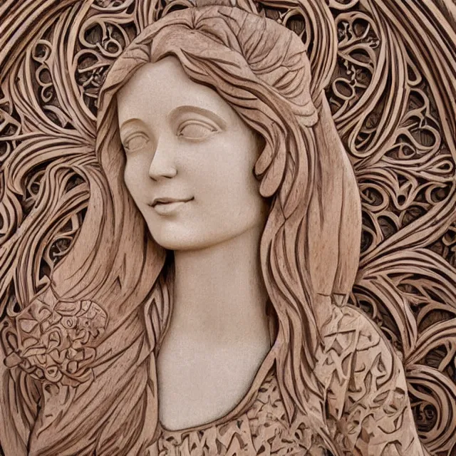 Image similar to a 3 d bas - relief wooden art nouveau carved sculpture of a young molly ringwald with long hair blowing in the wind, in front of a delicate tracery pattern, intricate and highly detailed, well - lit, ornate, realistic