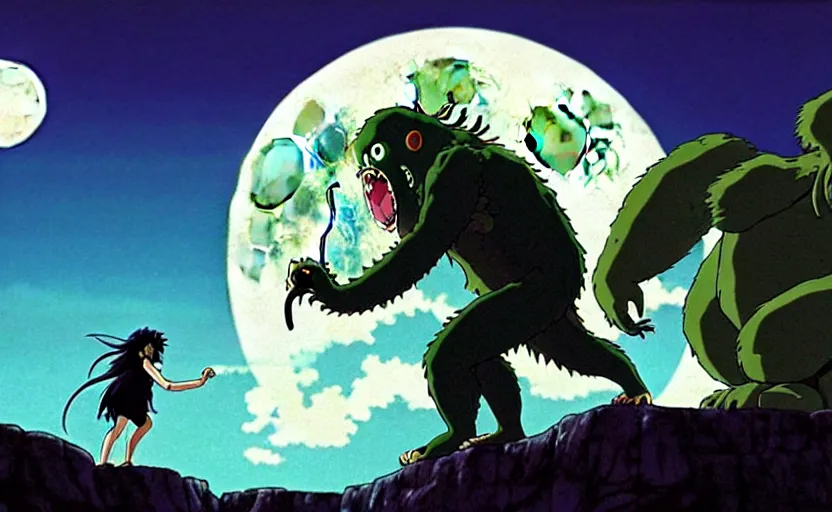 Image similar to a still from a studio ghibli movie of a cartoon cthulhu fighting king kong from princess mononoke ( 1 9 9 7 ), in front of a pale full moon, full body, wide shot, very dull muted colors, studio ghibli, highly detailed, deviantart, art by artgem