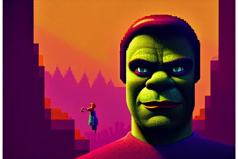 Image similar to ( ( dither ) ), editorial pixel art portrait of an angled 2 d shrek, modern art deco, ( ( mads berg ) ), christopher balaskas, victo ngai, rich grainy texture, detailed, dynamic composition, wide angle, matte print, art nouveau, unreal engine