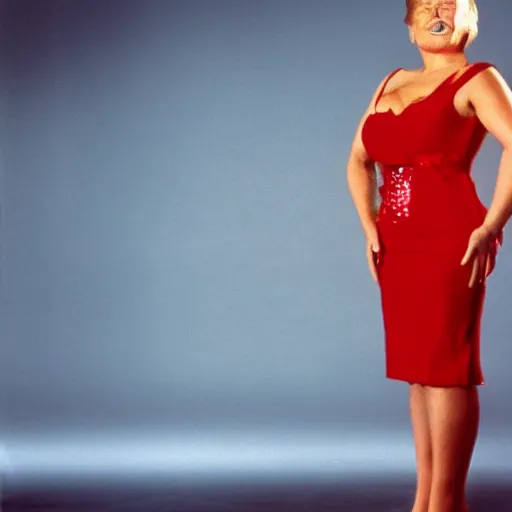 Image similar to donald trump as a hot lady in a red dress, film still, curved body, high quality, 8 k