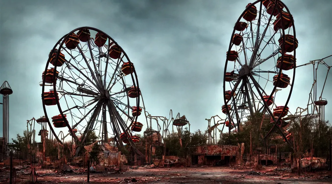 Prompt: post apocalyptic amusement park, giant wheel, morning, by ricardo bofill, apocalyptic color palette, trending on artstation, photorealistic, wilderness ambiance, ultra detailed, high definition, depth of field, bokeh, rubble, wild vegetation, blood stains, building crumbling