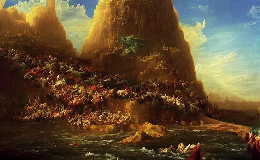 Image similar to “ the fall of dubai, in the style of thomas cole ”