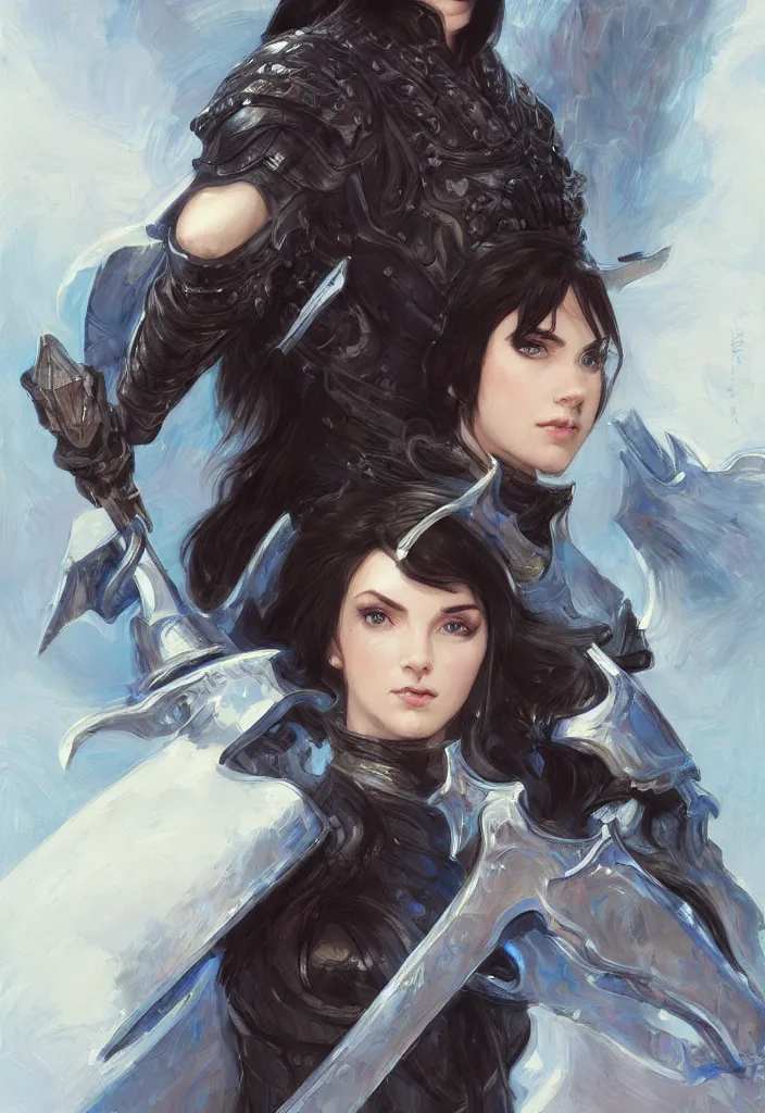 Prompt: portrait of a woman dressed in plate armor with black hair and blue eyes wielding a greatsword, elegant, digital illustration, fire magic, detailed, intricate, sharp focus, digital painting, deep focus, digital painting, artstation, concept art, matte, art by artgerm and greg rutkowski and alphonse mucha