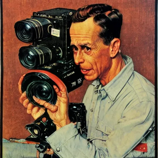 Image similar to norman rockwell painting of a television crew member holding a large television - video - camera