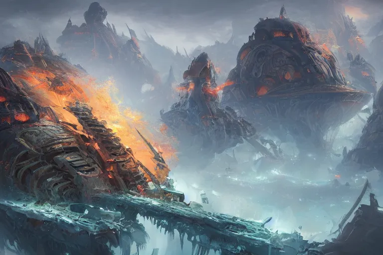 Prompt: incomprehensible gigantic monstrosities waging a war, mesmerizing, beautiful, fantastical, concept art, highly detailed, artstation, trending, feng zhu, shaddy safadi, noah bradley, tyler edlin, jordan grimmer, darek zabrocki, neil blevins, tuomas korpi