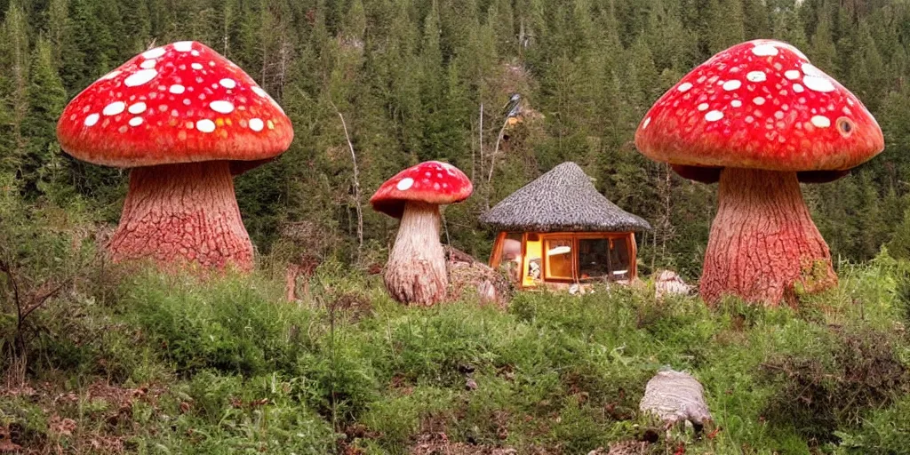 Prompt: cozy residence made from an enormous amantia muscaria toadstool