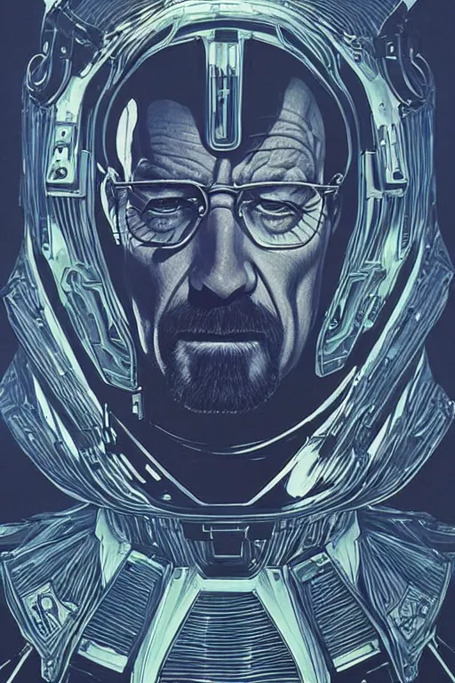 Image similar to Walter White as a confident space wizard, sci-fi, high details, intricate details, by vincent di fate, artgerm julie bell beeple, 90s, inking, vintage 60s print, screen print