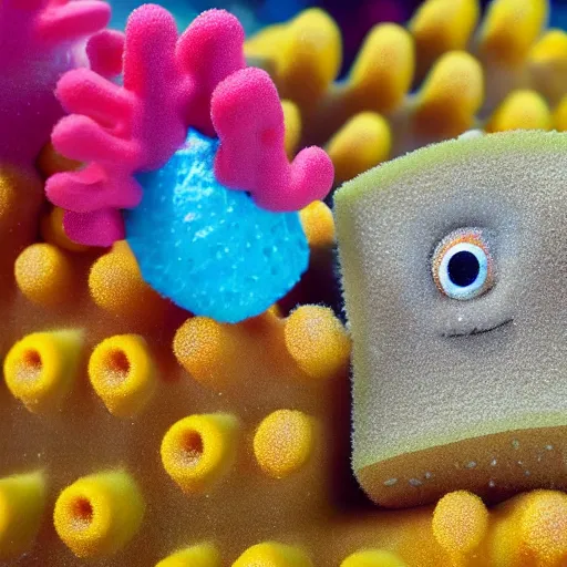 Prompt: High detailed shot of a Sponge that looks exactly like Spongebob found along a coral reef