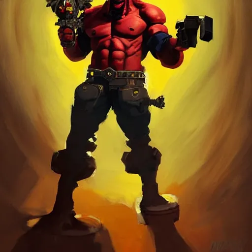 Image similar to greg manchess portrait painting of hellboy as overwatch character, medium shot, asymmetrical, profile picture, organic painting, sunny day, matte painting, bold shapes, hard edges, street art, trending on artstation, by huang guangjian and gil elvgren and sachin teng