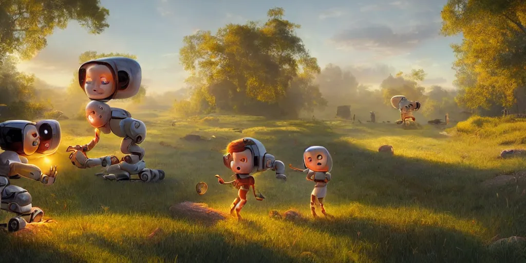 Prompt: cottagecore illustration children playing with a smiling roboton a peaceful morning, pixar and disney animation, sharp, rendered in unreal engine 5, art by greg rutkowski, bloom, dramatic lighting, sunrise