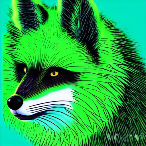 Prompt: lime green digital lime green fox, retrowave palette, digital world, highly detailed, electric breeze, anatomically correct vulpine, synth feel, fluffy face, ear floof, flowing fur, super realism, accurate animal imagery, 4 k digital art