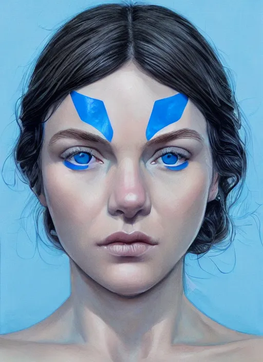 Prompt: a close up on the face of a beautiful woman in a future space suit; highly detailed; pretty blue eyes; pupils; artwork by james jean and Phil noto