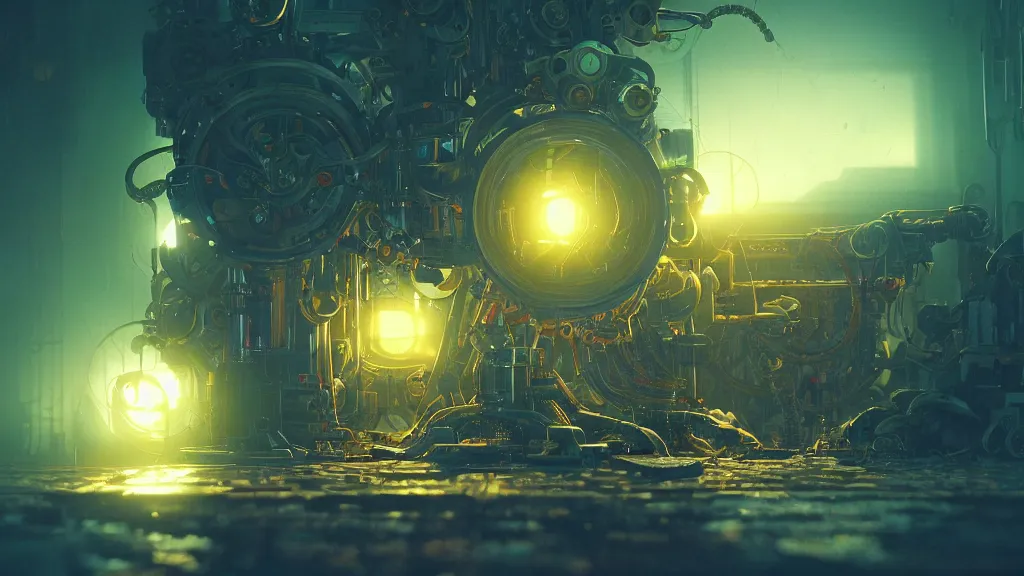 Prompt: a machine conjuring!!!!!!! a picture!!!!! from noise, by lance wilkinson, greg rutkowski, and diego gisbert llorens, cinematic closeup!!, colorful, intricate, high contrast, hopeful, 8 k render, volumetric lighting