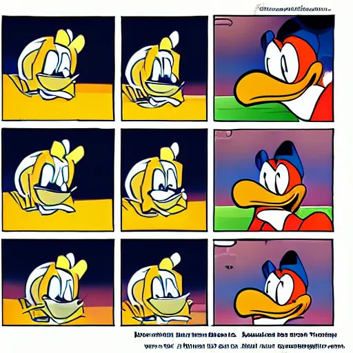 Prompt: funny comic pannel about donald duck score goal