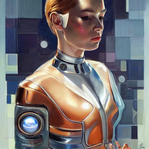 Image similar to portrait of a female android, by Joseph Christian Leyendecker and Sandra Chevrier