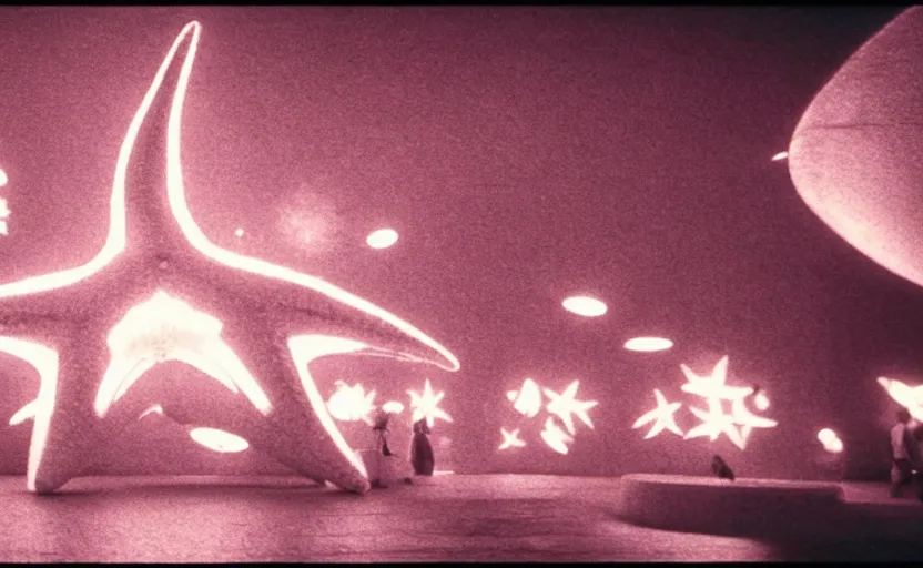 Image similar to light coming out of one starfish - like kaiju anthropomorphic monster, korean film noir by kim jong - il, korean traditional palace, pyongyang city, 1 9 6 0 s, red color bleed, 4 k, video compression, video glitch, monochrome, akira kurosawa, mamoru oshii, wes anderson, stanley kubrick