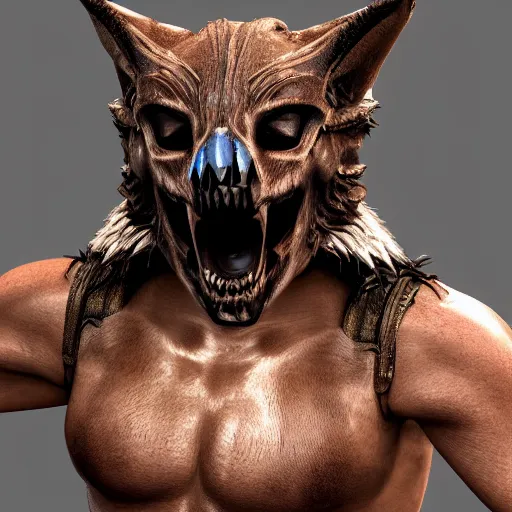 Image similar to highly detailed render of a man wearing a skull fox mask, full body, two arms two legs, vray render, unreal engine, highly detailed faces, thin body,