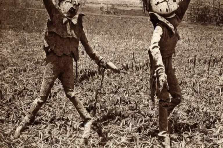 Image similar to disturbing scarecrow from the early 1 9 0 0's in a trancelike state in the burning cornfields