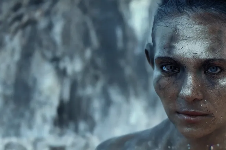 Image similar to VFX movie of a futuristic alien warrior closeup portrait in war zone, beautiful natural skin natural lighting by Emmanuel Lubezki