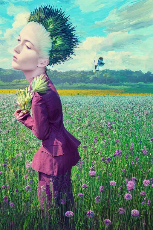 Prompt: portrait, a huge thistle flower under head, a girl in a suit in field of flowers, surreal photography, sunrise, blue sky, dramatic light, impressionist painting, digital painting, artstation, simon stalenhag