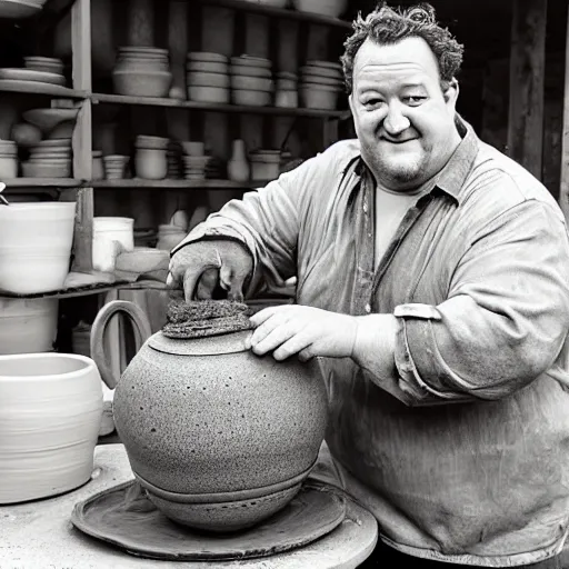 Image similar to johnny vegas making a huge teapot out of wet clay, on a pottery wheel, art school, studio, wet clay, Michael Joseph Pennington, photorealistic