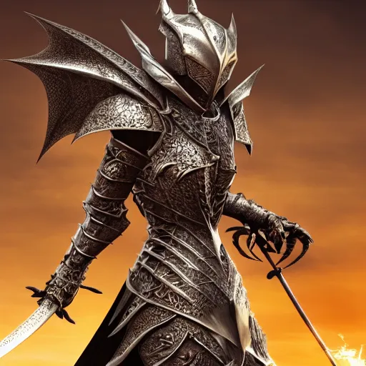 Image similar to highly detailed realistic stunning shot of a beautiful elegant anthropomorphic female dragon knight, resting a detailed and engraved longsword over her armored shoulder, cloak flittering in the wind, high quality, HD octane render, epic cinematography, Artstation, Deviantart, Furaffinity