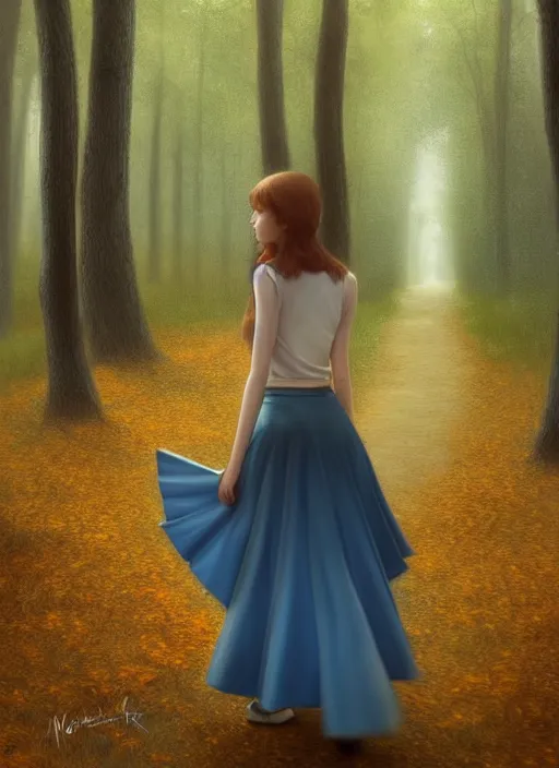 Image similar to young woman walking short blue skirt : : magic raining forest nature : : weta disney pixar movie still photo : : decadent highly - detailed digital painting, full length shot, golden ratio, octane render, artstation, smooth, sharp focus, artgerm, mucha, loish, wlop, gogo