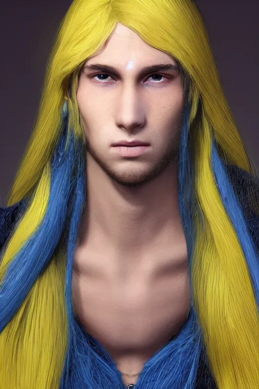 Image similar to a male teenager with long blue hair and yellow eyes wearing a winter overcoat, hyperrealistic, concept art, octane render, unreal engine 5, trending on artstation, high quality, 8 k, highly detailed, digital art, anatomically correct, symmetrical, realistic and defined face, profile picture, high coherence, path traced, beautiful, elegant clothes