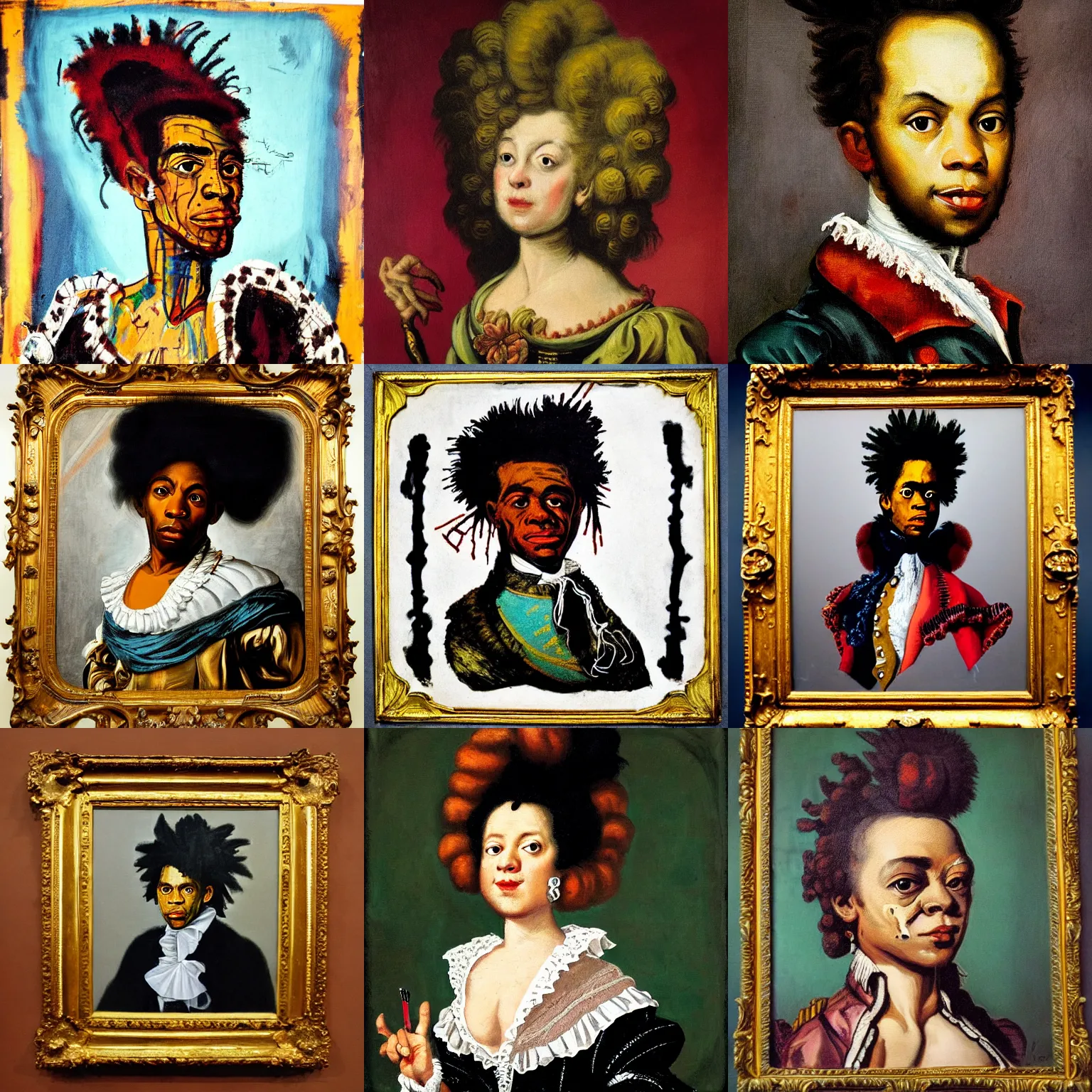 Prompt: rococo portrait in the style of basquiat