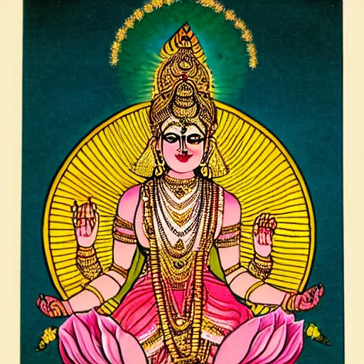 Image similar to indian goddess lakshmi with 4 arms, sitting on a lotus in a minimalistic style