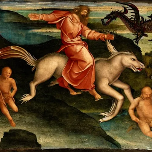 Prompt: jesus riding a dragon near a castle, renaissance painting, mystical