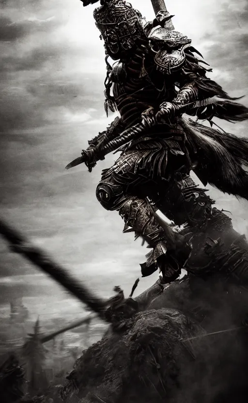 Prompt: vertical movie frame with heavy furious warrior riding ancient wooden atv, armor inspired by feudal japan and fashion, strong blooded body, brutal blooded symmetrical face, epic,cinematic lighting, award winning, establishing shot, extremely high detail, photorealistic, brutal, provocative , cinematic lighting, artstation, octane render, dark fantasy ,old photo, vintage, black and white, Boris vallejo, sepia, old photography, documentary photography