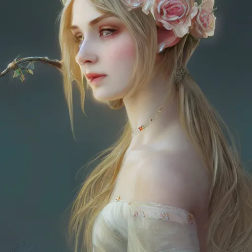 Image similar to portrait of very beautiful elf, rose crown, thorn background, headshot, pale skin, 4k, rule of thirds, extreme detail, detailed drawing, trending artstation, hd, fantasy, D&D, realistic lighting, by Alphonse Mucha, Greg Rutkowski, sharp focus, backlit, bright white hair, elegant