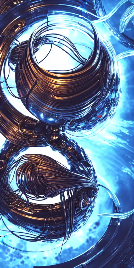 Image similar to swirling abstract cyborg parts and bio - mechanical tendrils and ornate flowing smoke streams and liquid light streaks surround a small metallic sphere, cinematic, unreal engine