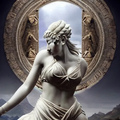 Image similar to A digital masterpiece illustration concept art of giant porcelain statue of Paige Spiranac as a greek goddess its top in the heaven, beautiful eyes, symmetrical face, symmetrical body, taiga landscape + inspired art by mark brooks, peter kemp + Extremely detailed and intricate complexity + epic composition, magical atmosphere, cinematic lighting + wide long shot, wide angle + trending on artstation + 8k