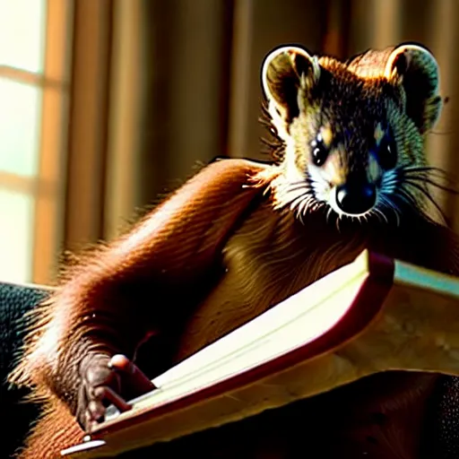 Prompt: An incredibly beautiful scene from a 2022 Marvel film featuring a humanoid pine marten reading on a couch. An anthropomorphic pine marten wearing a loose white shirt. 8K UHD.