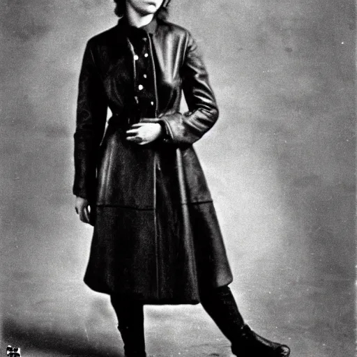 Image similar to photograph of soviet chekist comrade emma watson, posing in a long leather coat with a mauser c 9 6, vintage revolution photograph, famous photo