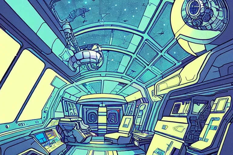 Image similar to a scifi illustration, hyper detailed spaceship interior. epic composition. flat colors, limited palette in FANTASTIC PLANET La planète sauvage animation by René Laloux