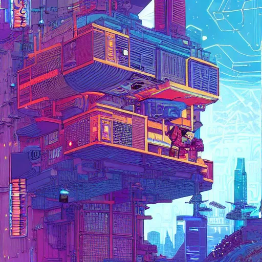 Image similar to cyberpunk explorer playing video games in his treehouse, highly detailed, 4k, midnight, by Victo Ngai and James Gilleard , Moebius, Laurie Greasley