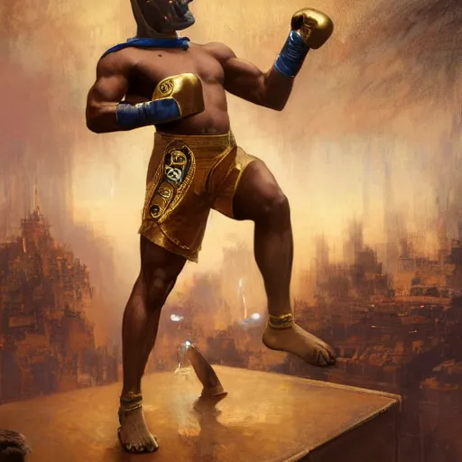 Prompt: anubis as a boxer ready to take on the world champ, boxing ring, strong spotlights, 4 k, trending on artstation, by gaston bussiere, craig mullins, artgerm, greg rutkowski, alphonse mucha
