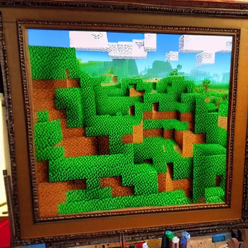 Image similar to a highly detailed painting of a minecraft landscape by derek riggs