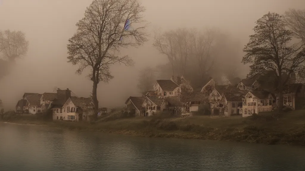 Prompt: village with beautiful houses in the fog on the lake, fog, volumetric lighting, mystique, atmospheric, conept art, teal and orange, sharp focus, ultra detailed, noir arthouse, 4 k, cinematic, 3 5 mm