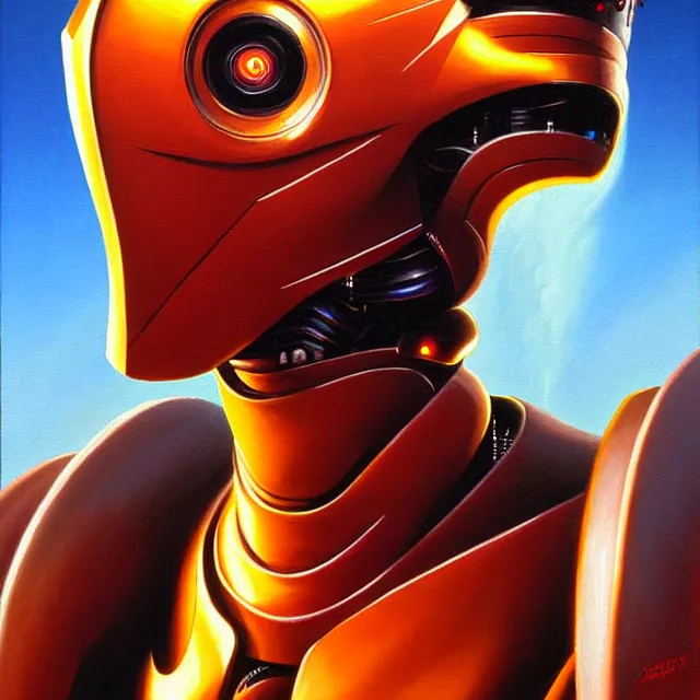 Image similar to a beautiful painting cyberpunk robot eddie murphy face, by boris vallejo realistic oil painting