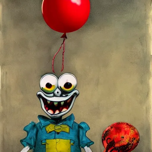 Image similar to grunge painting of spongebob with a wide smile and a red balloon by chris leib, loony toons style, pennywise style, corpse bride style, horror theme, detailed, elegant, intricate