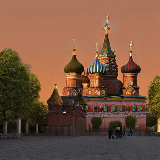 Image similar to chinese - style kremlin and chinese st. basil's cathedral on wide stone square at dawn, portrait of mao on the kremlin, gentle dawn, ultrarealistic, hd, octane rendering, by ivan shishkin and andrei tarkovsky