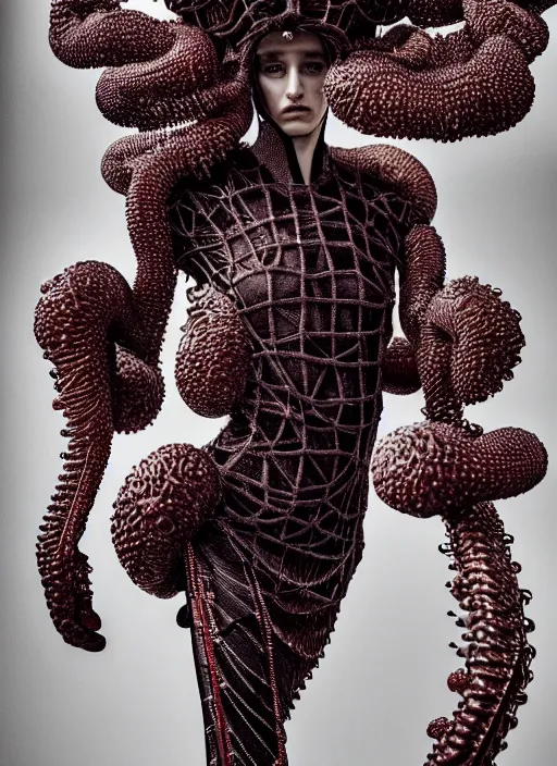 Image similar to walking down the catwalk, steven klein, show, stage, vogue photo, podium, fashion show photo, historical baroque dress, iris van herpen, beautiful woman, full body shot, masterpiece, intricate, wires, veins, jellyfishs, biopunk, guyver, highly detailed