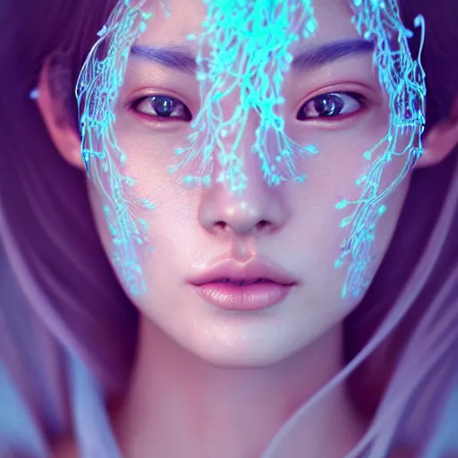 Prompt: intricate highly detailed face portrait of asian - european woman, light blue - pink water vines on her face, intricate, cgsociety, unreal engine, octane render, sharp focus, smooth, volumetric lighting, cinematic composition, artstation