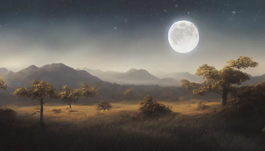 Image similar to a beautiful landscape at night, big moon on the right, stars in the sky, matte painting, dark blue tones, concept art, 4 k