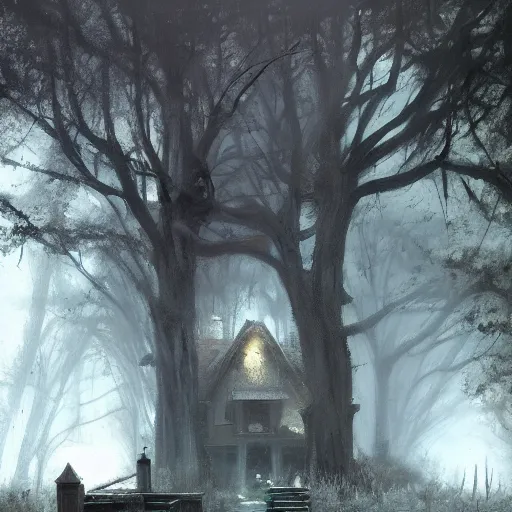 Prompt: old house with a fountain in the woods, horror, dramatic lighting, lovecratian, painted by raymond swanland, painted by greg rutkowski, painted by jeremy mann, painted by artgerm, painted by igor kieryluk, trending on artstation