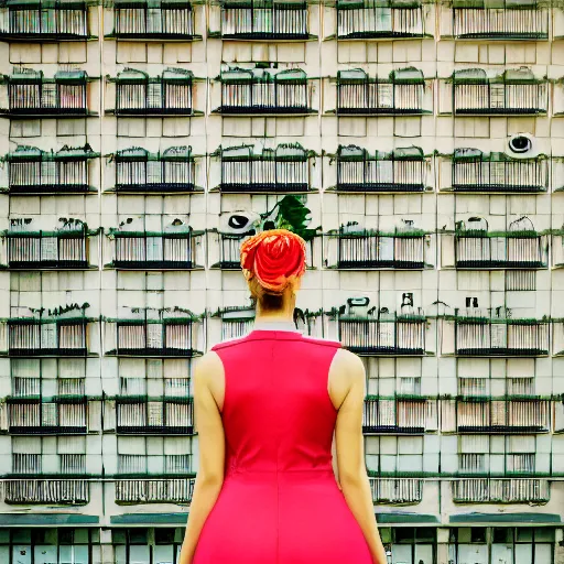 Image similar to giant flower head, frontal, girl standing in mid century hotel, surreal, symmetry, bright colors, cinematic, wes anderson